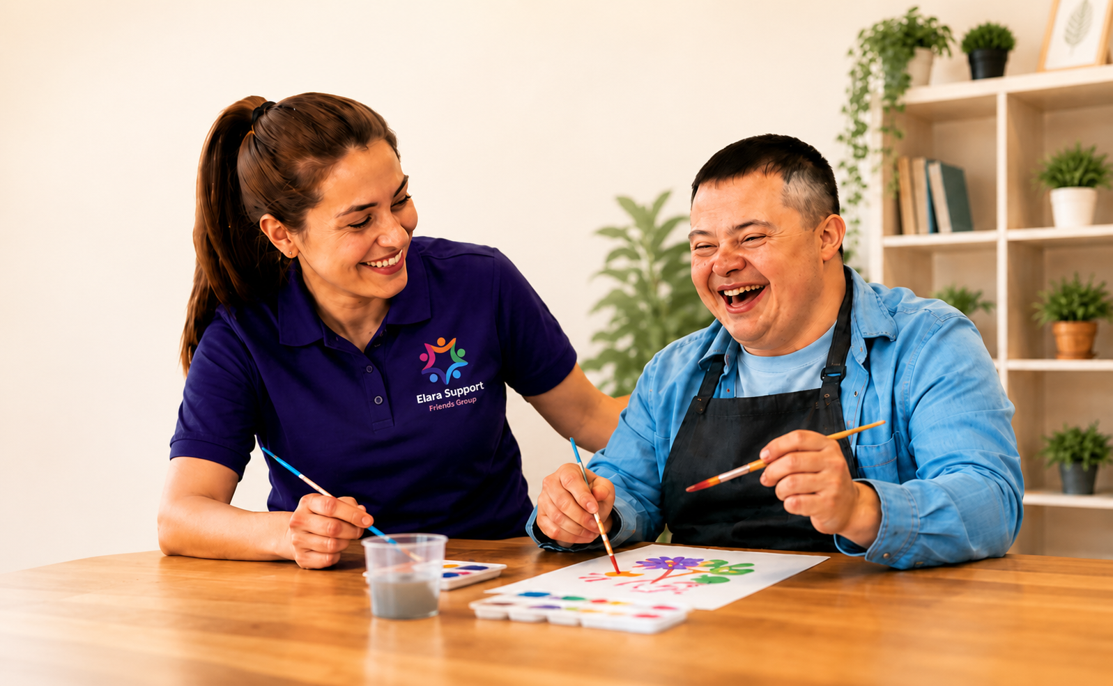 An Elara Support team member enjoying an art activity with a participant